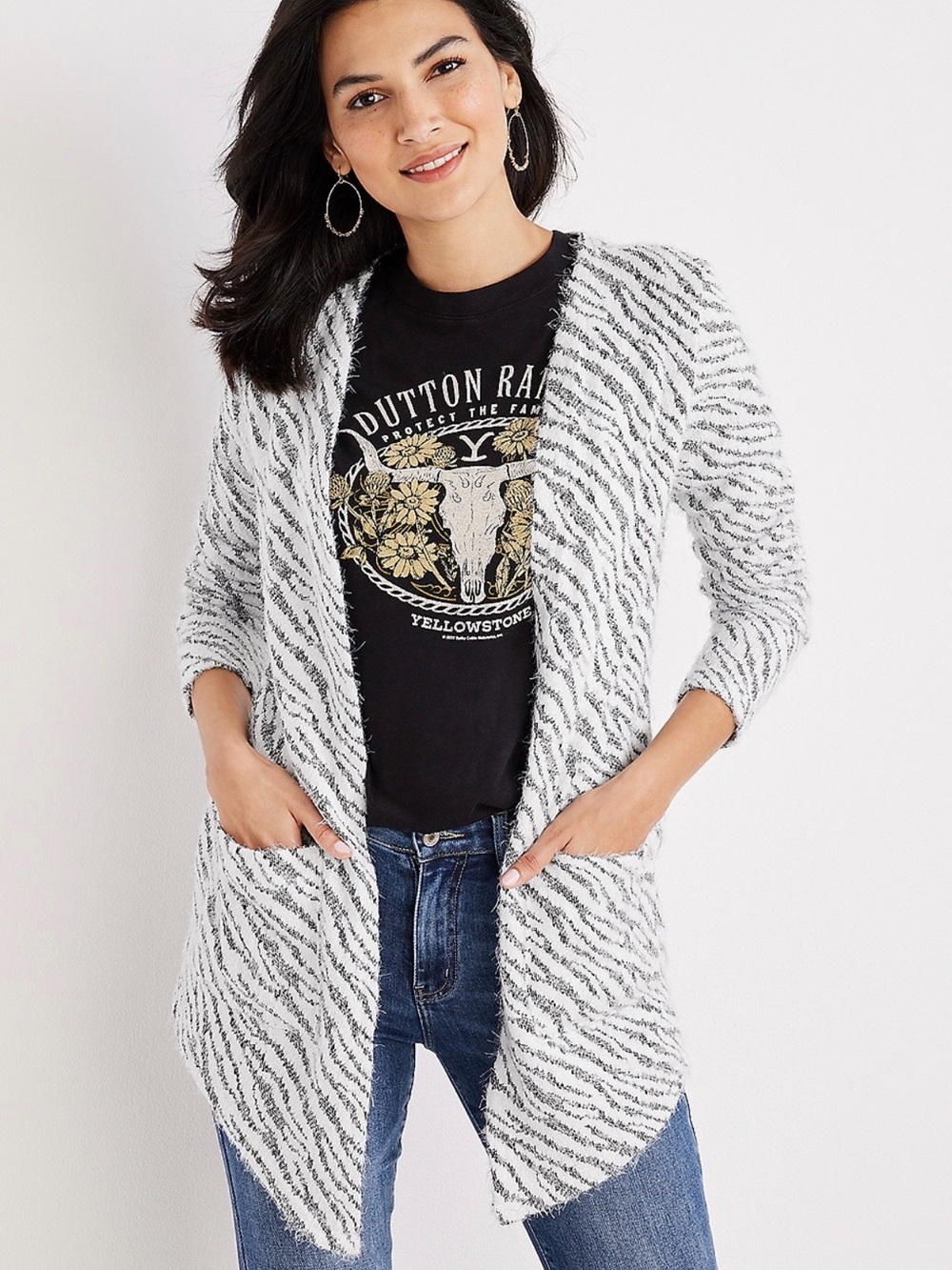 Maurices Open-Front Zebra Print Cardigan Sweater - White & Gray